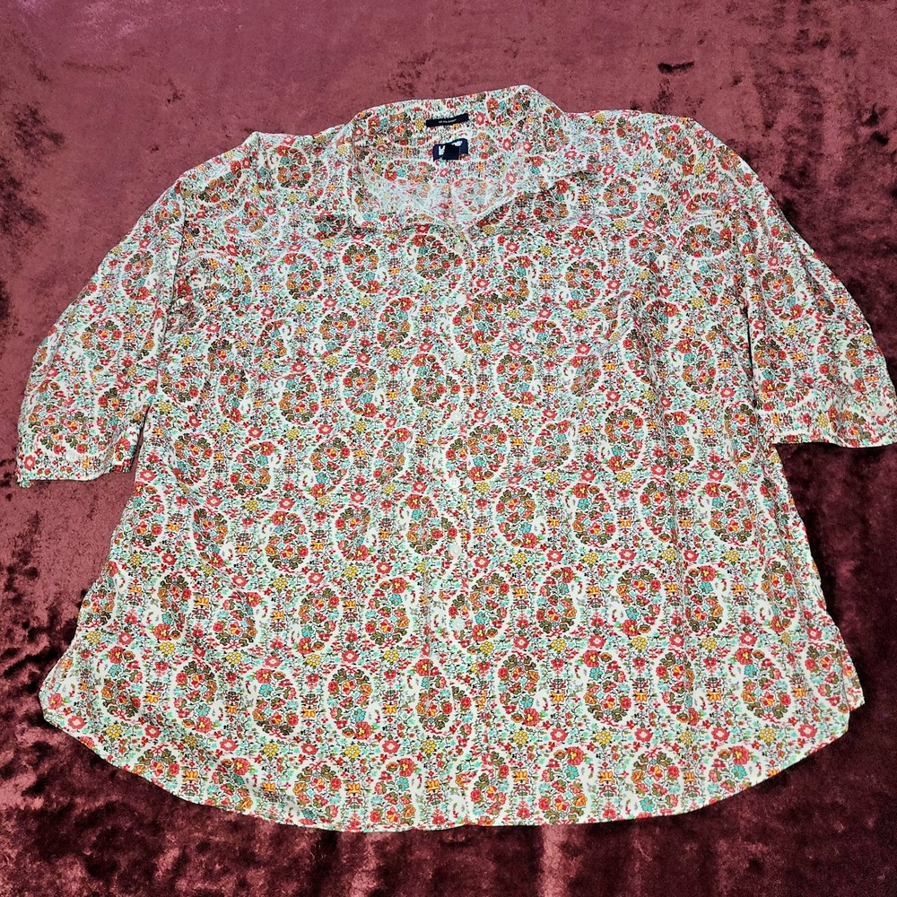 Lands' End No Iron Supima Cotton Floral Paisley Print 3/4 Sleeve Button-Up 20W